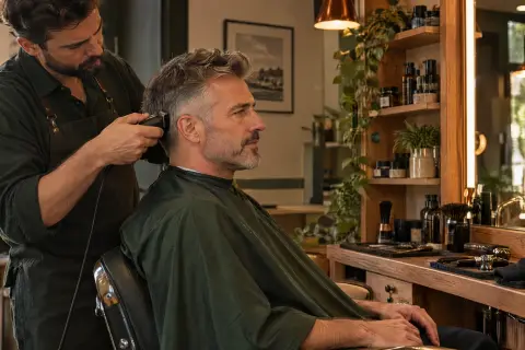 A barber trimming the hair of a grey-haired man.