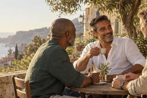 Two men talking over coffee on a terrace.