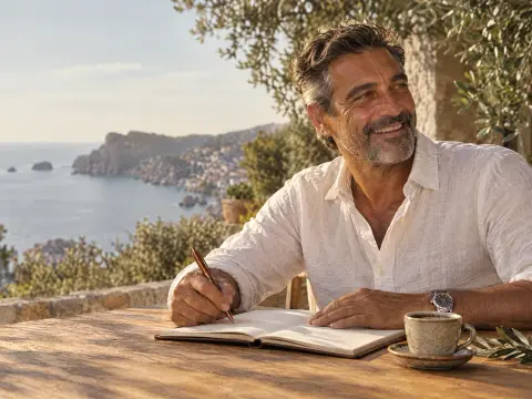 A man in his fifties writing in a notebook at a table outside, the sea behind him.