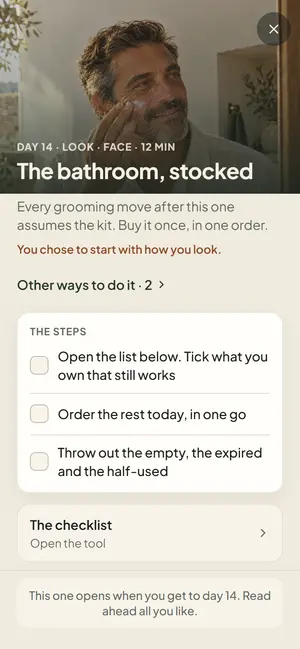 A move of the plan: the reason in one line, three steps and a checklist.