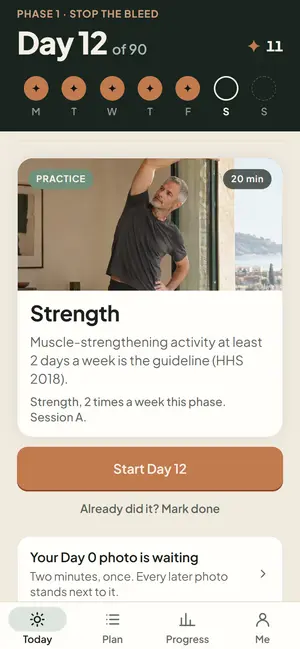 The Today screen of Act Two: Day 12 of 90, phase 1, a strength session of 20 minutes, and the button Start Day 12.